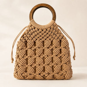Bolsa de Crochê Cáqui com alça em madeira
