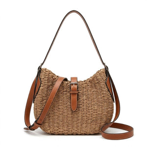 bolsa de palha caqui com alça de couro