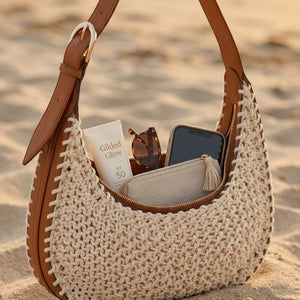 Bolsa de praia Amalfi em crochê off white, vista da alça de ombro