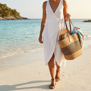 Bolsa de palha clássica listrada Capri Luxo — estruturada e espaçosa