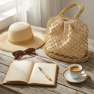 bolsa de palha dourada com trama