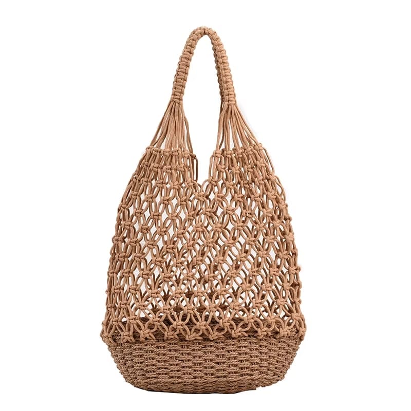 Bolsa de Praia de Crochê Helena - Elegância Casual em Cáqui