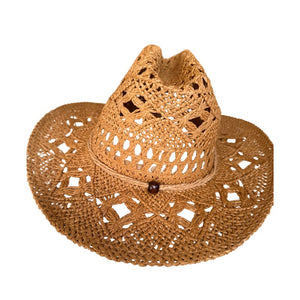 Chapéu de praia cowboy em palha natural com design vazado e aba larga
