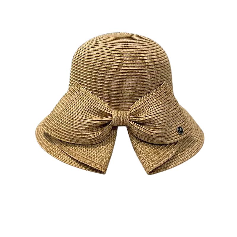 Chapéu de Praia com Laço Lumi cáqui com aba larga e proteção UV – vista frontal