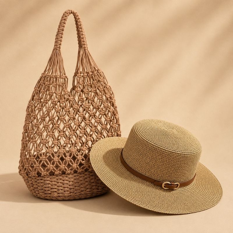 Bolsa de crochê Helena cáqui com Chapéu Panamá Mirella em composição de verão