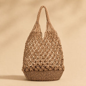 Bolsa de Praia de Crochê Helena cáqui com design vazado artesanal
