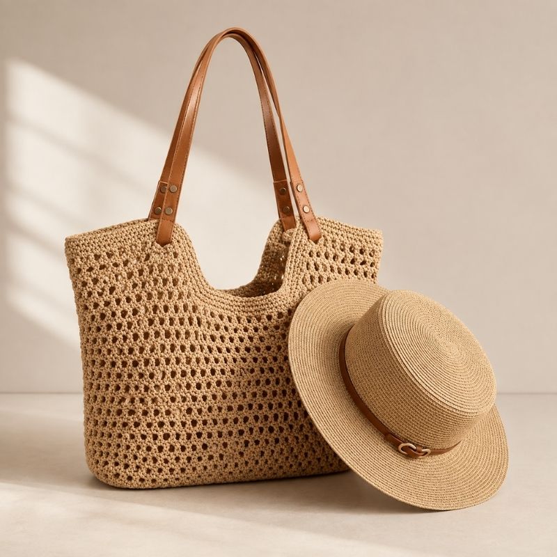 bolsa de croche e chapeu de palha caqui