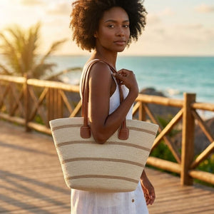 bolsa de palha feminina de praia listrada