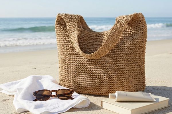 bolsa de palha rattan de praia cor caqui