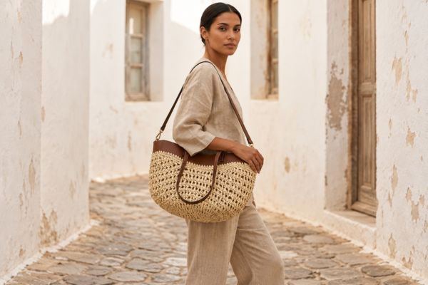 Mulher usando bolsa grande de crochê bege com detalhes em couro marrom em cenário claro de verão.