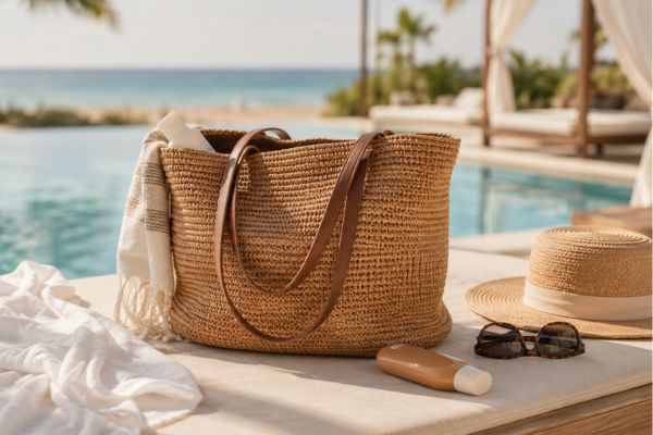 **Texto alternativo da capa:**  Bolsa de praia feminina em palha natural sobre espreguiçadeira em resort à beira-mar, com chapéu de palha, óculos de sol e acessórios de verão em cenário elegante e sofisticado.