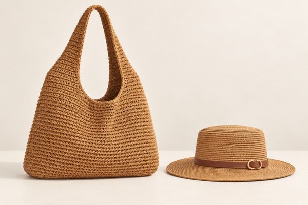 Bolsa de praia de crochê em tom caramelo ao lado de chapéu de palha com faixa marrom e fivela dourada, sobre fundo claro.
