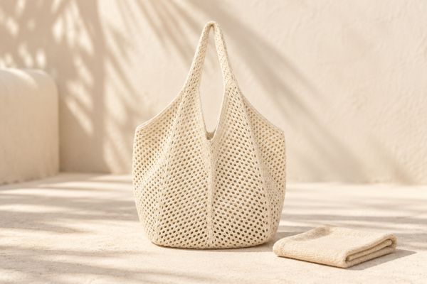 Bolsa de crochê bege com pano macio ao lado para ilustrar cuidados e limpeza da peça