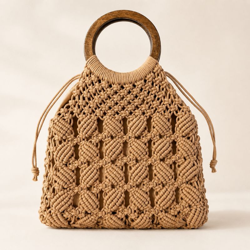 Bolsa de Crochê Cáqui com alça em madeira