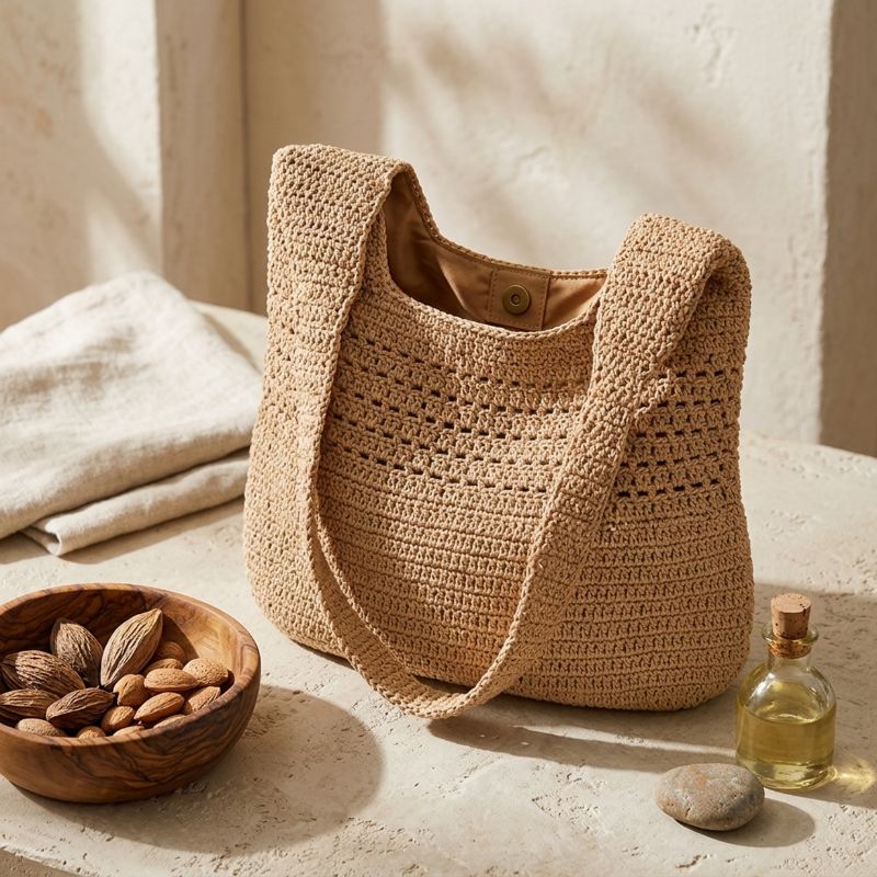 Bolsa de praia de crochê cáqui feminina para praia e viagem