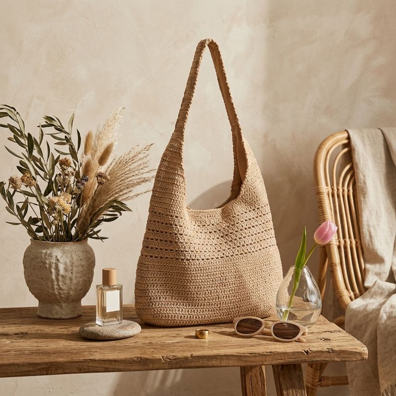 Bolsa de praia de crochê cáqui grande estilo boho