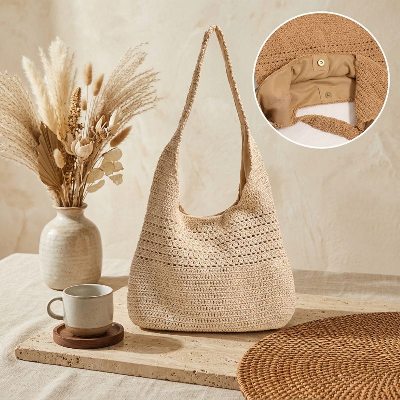Interior com forro de algodão da bolsa de crochê bege