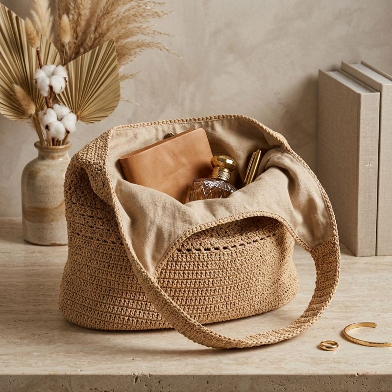 Bolsa de praia de crochê cáqui de grande capacidade com alça de ombro