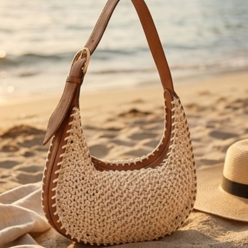 Bolsa de praia Amalfi em crochê off white, formato meia-lua hobo