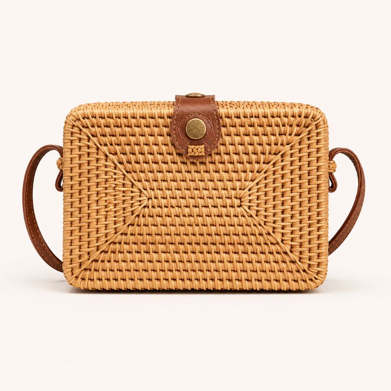 Bolsa de praia Sorrento em rattan trançado à mão, formato box