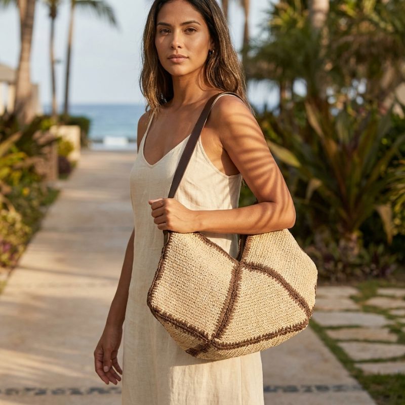 Modelo na praia usando a bolsa de praia de palha Lívia no ombro, com alça de couro caramelo