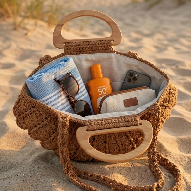 Bolsa de praia de crochê Búzios com alça de madeira, grande capacidade