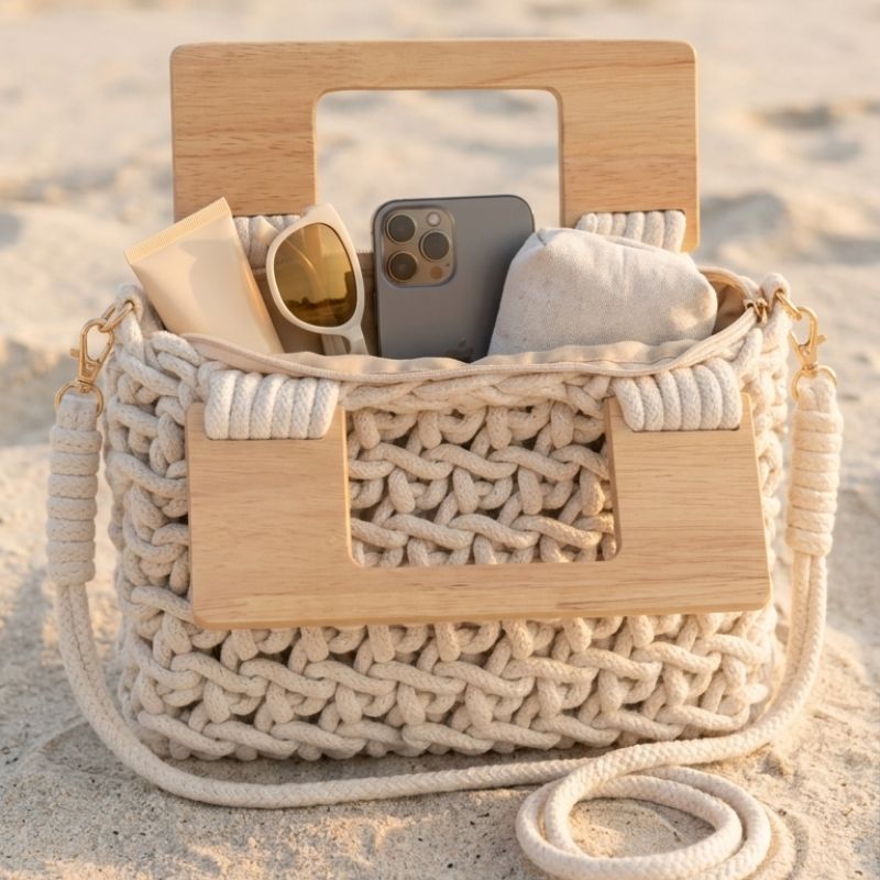 Bolsa de praia de crochê Ravello com alça de madeira e alça transversal