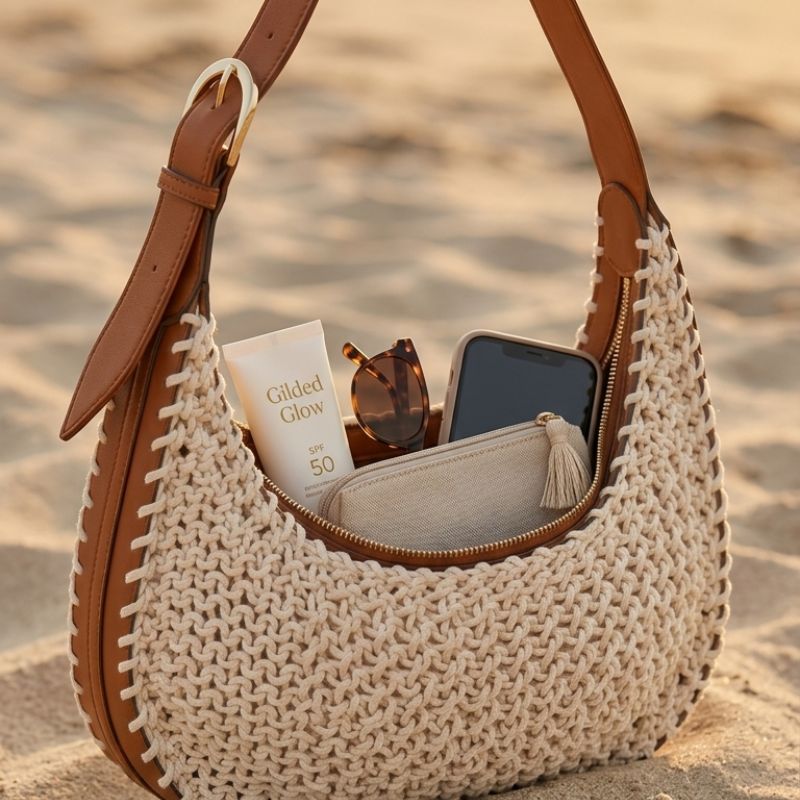 Bolsa de praia Amalfi em crochê off white, vista da alça de ombro
