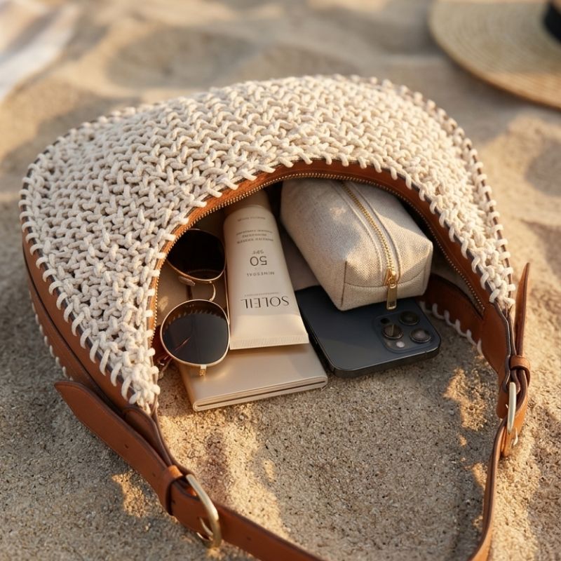 Bolsa de praia de crochê off white Amalfi com alça de couro ecológico