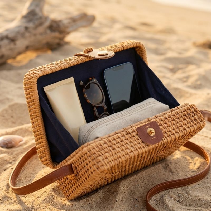 Bolsa de praia Sorrento em rattan estruturada para praia e resort