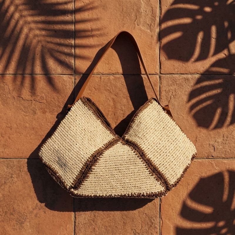 Bolsa de praia de palha Lívia pendurada em parede de terracota com sombras de folhas de palmeira