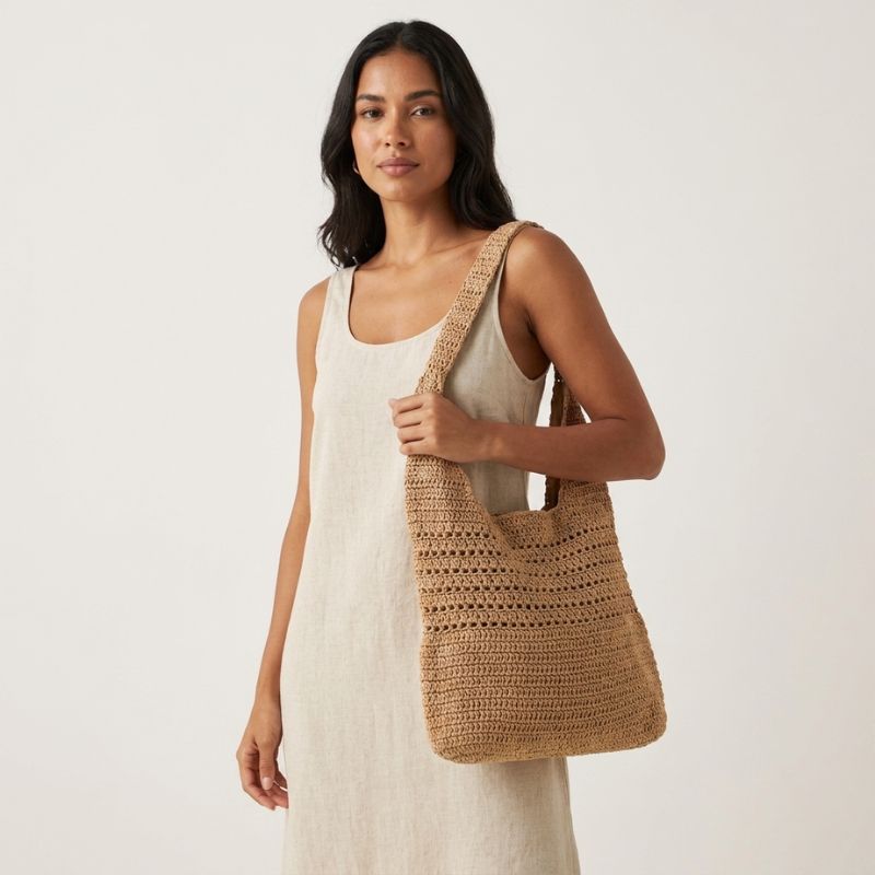 Interior com forro de algodão da bolsa de crochê cáqui