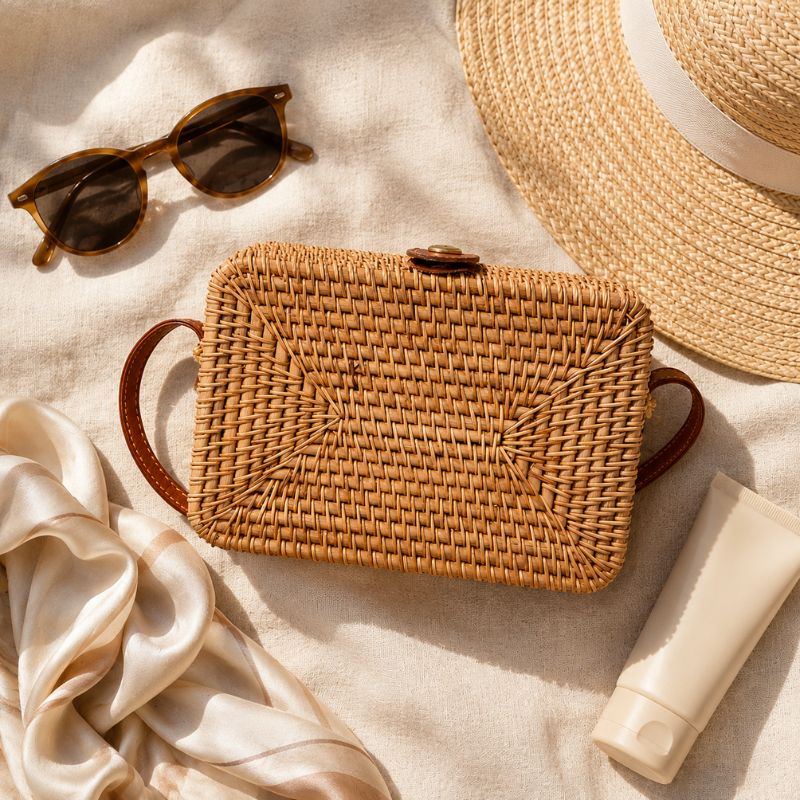Bolsa de praia de rattan Sorrento com alça tiracolo em couro