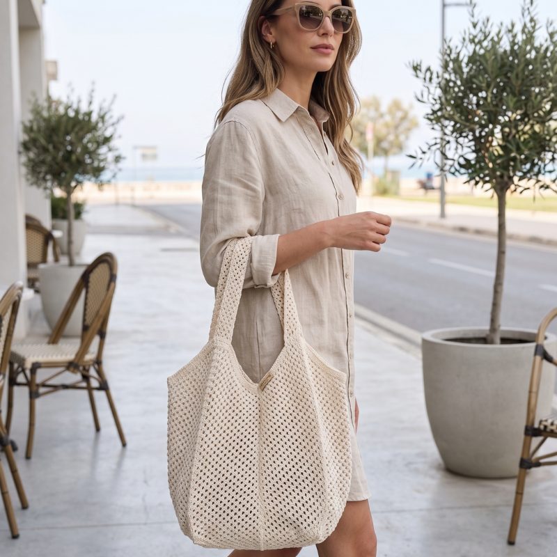 bolsa de croche bege estilosa e atemporal