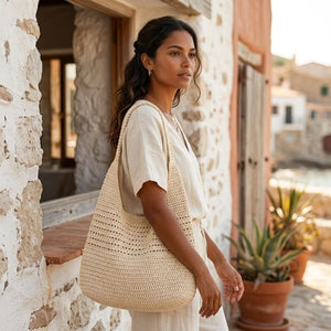 Bolsa de praia de crochê bege feminina para praia e viagem