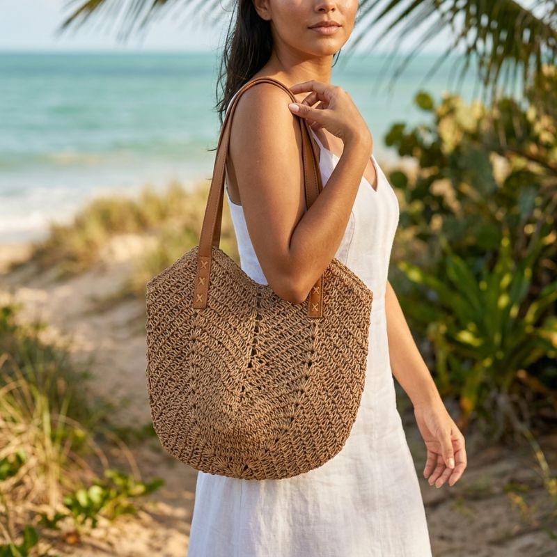 Bolsa de praia de palha cáqui com trama vazada e formato balde