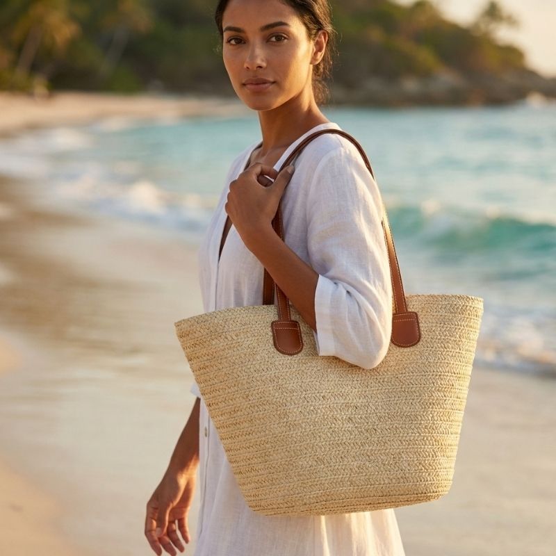 bolsa de praia de palha bege