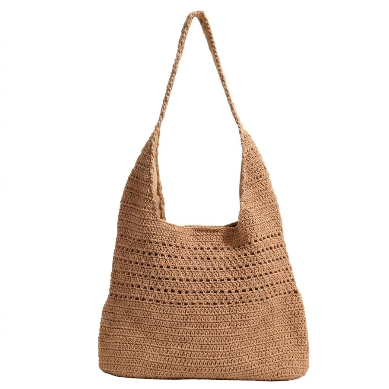 Bolsa de praia de crochê cáqui vazada vista de frente