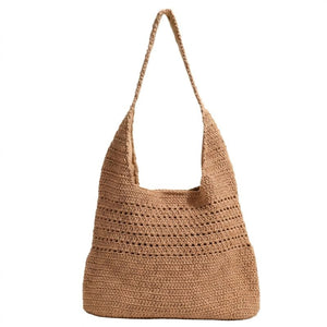 Bolsa de praia de crochê cáqui vazada vista de frente