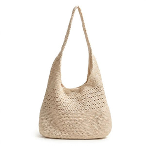 Bolsa de praia de crochê bege vazada vista de frente