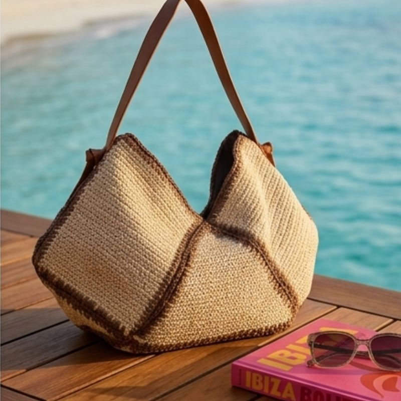 Bolsa de praia de palha Lívia sobre deck de madeira com óculos de sol e livro, mar ao fundo