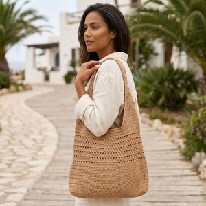 Bolsa de praia de crochê cáqui grande com trama vazada