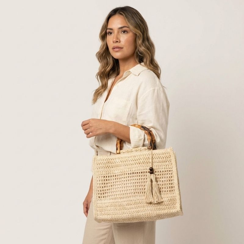 bolsa de palha bege classica