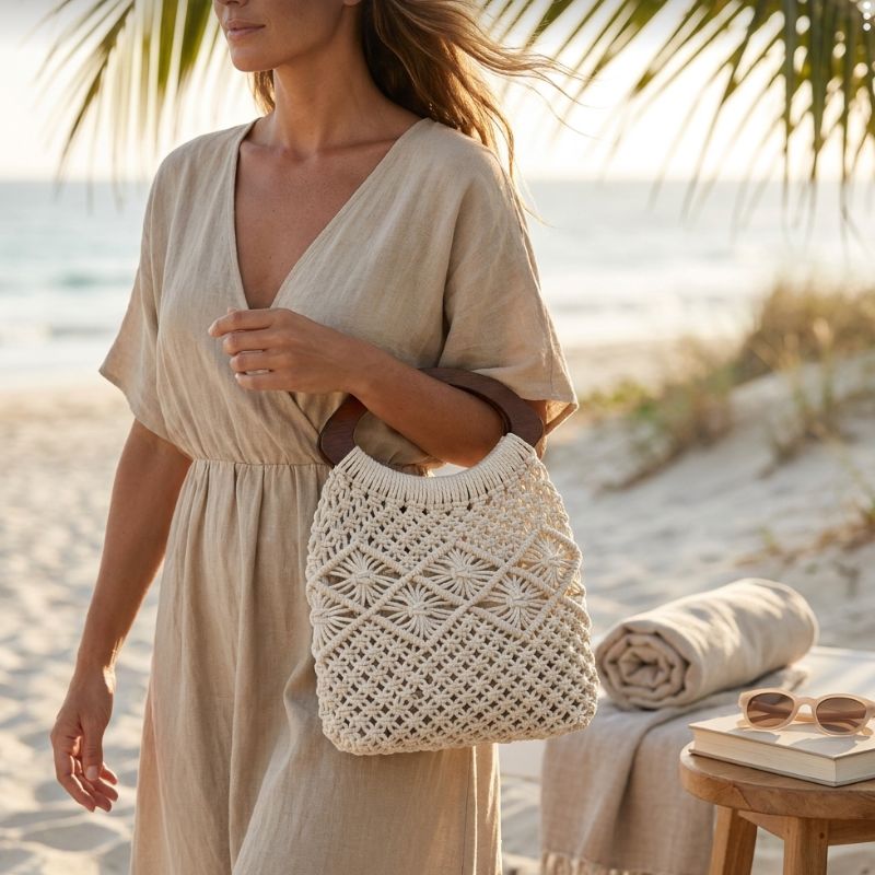 bolsa de crochê com alca em madeira