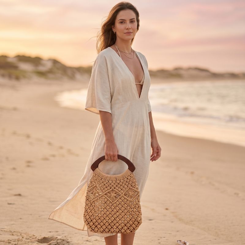 Bolsa de crochê macramê elegante com design exclusivo e estilo retrô, perfeita para looks de verão refinados
