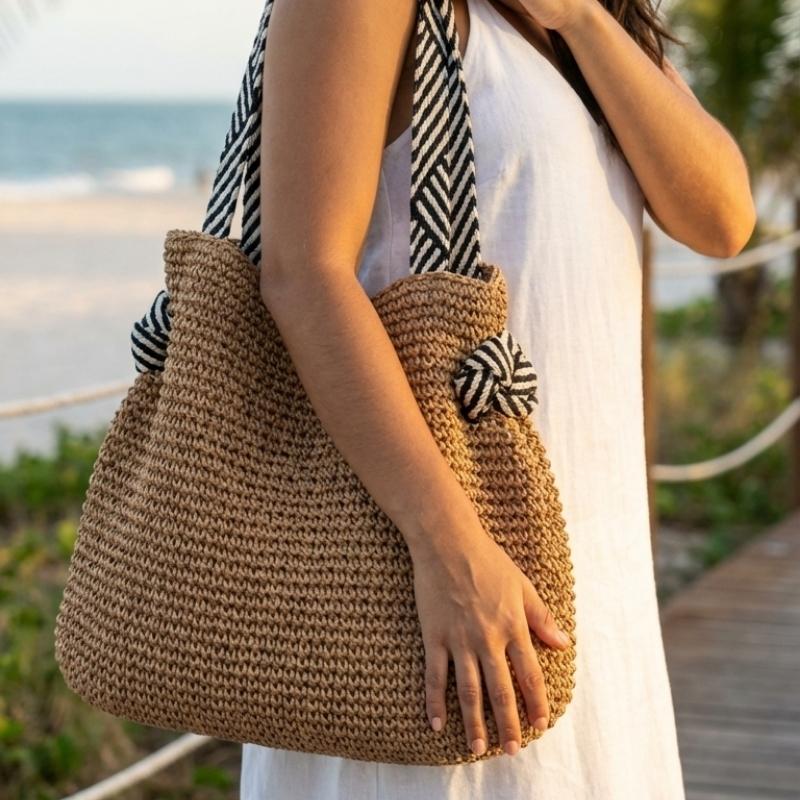 Bolsa de palha Mykonos com alça sofisticada — design artesanal para verão