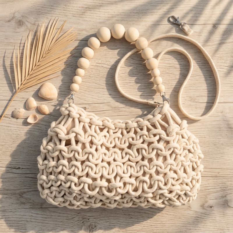 bolsa em croche offwhite com alca em madeira