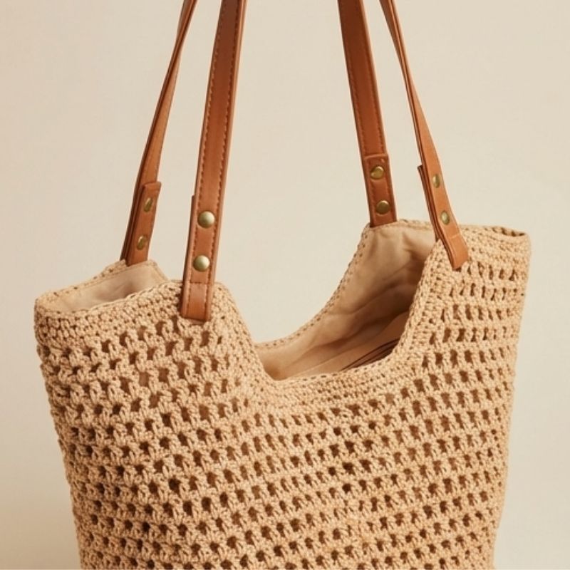 bolsa de crochê cáqui com alça de ombro em foto de estúdio

