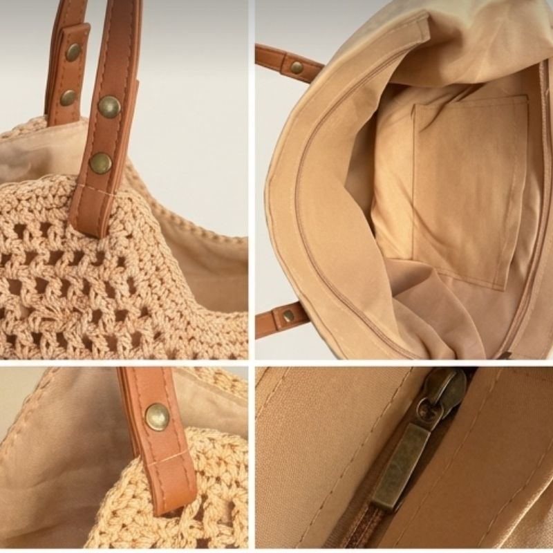 bolsa de crochê cáqui grande com alça marrom e acabamento trançado, fecho com ziper