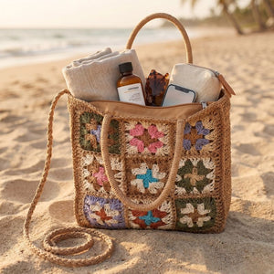 Bolsa feminina de crochê com patchwork colorido, ideal para praia e passeio, design leve e sofisticado
